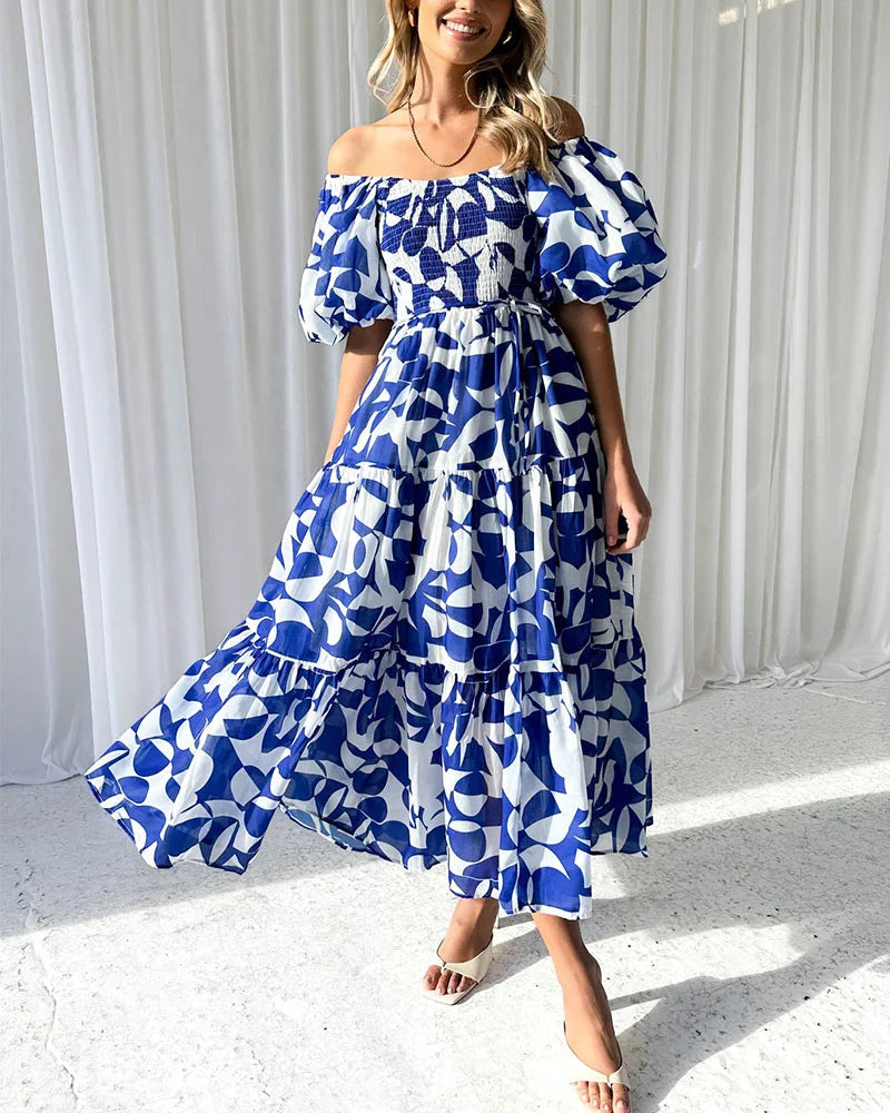 Elegant printed one-shoulder puff-sleeve dress - Fashionpara