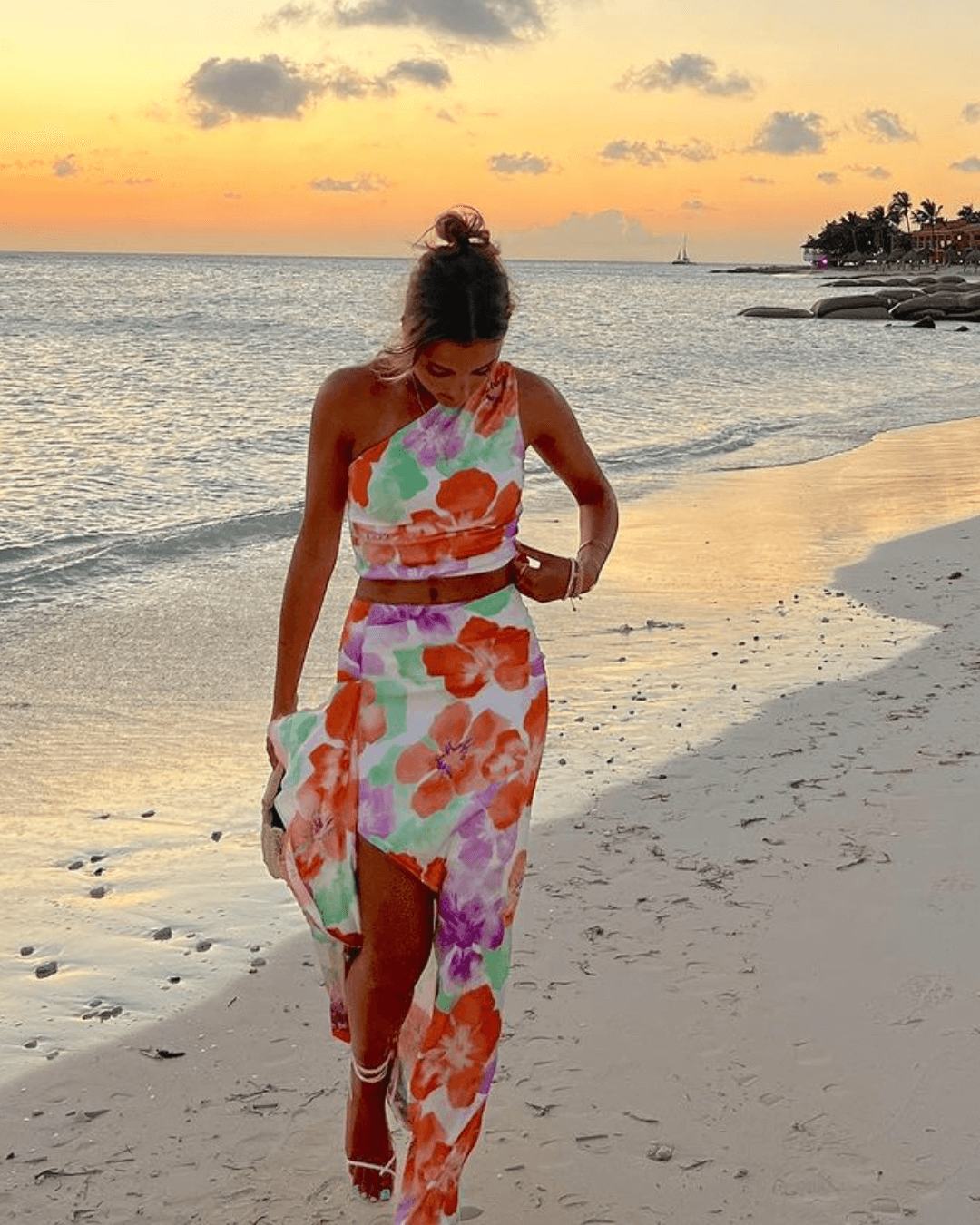 One Shoulder Crop Top and Slit Ruffle Maxi Skirt Set - Fashionpara