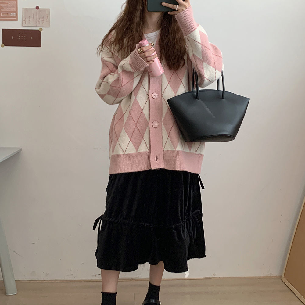 KittenAlarm - Loose Argyle Pattern V-Neck Cardigan Sweater