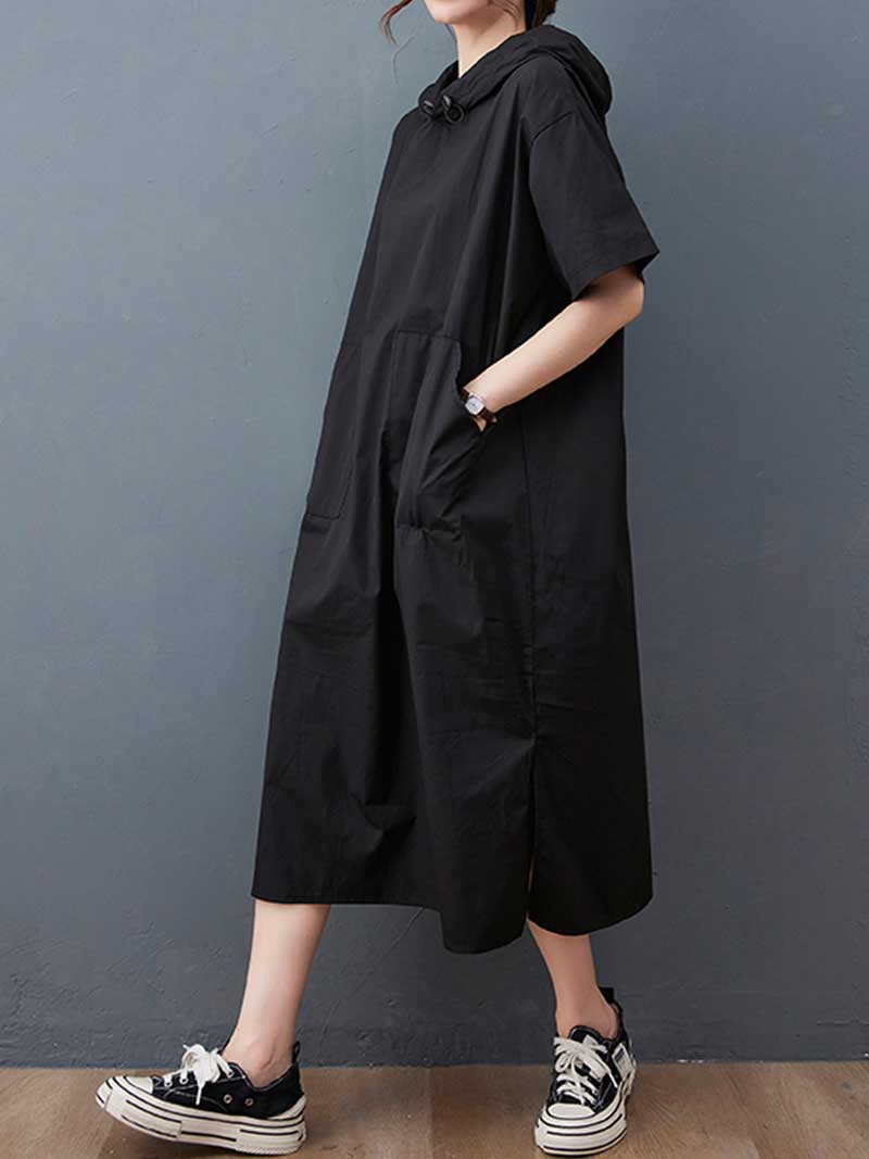 Hooded Plain Double Side Pocket Mid Dress - Fashionpara
