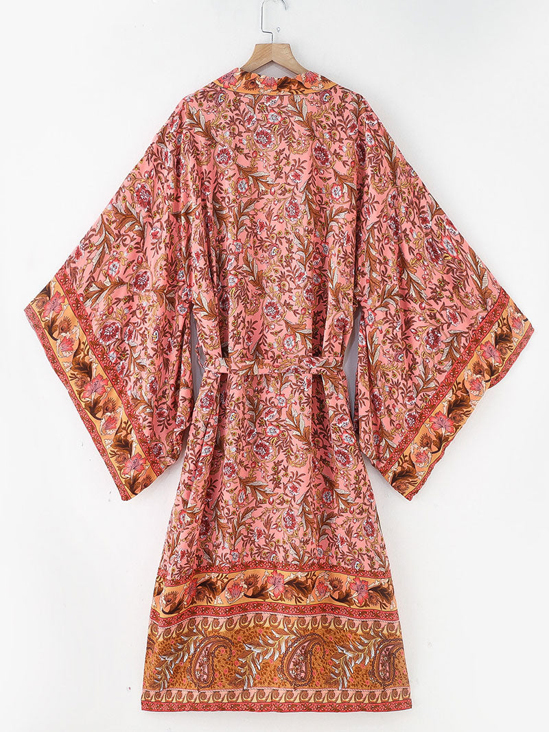 Partywear Floral Print Pink Color Cotton Long Length Gown Kimono Duster Robe - Fashionpara