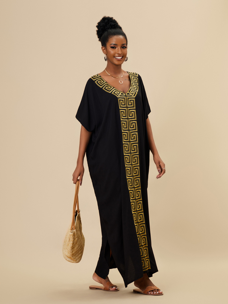 Greek-Key Embroidered V-Neck Short-Sleeve Kaftan Maxi Dress 4
