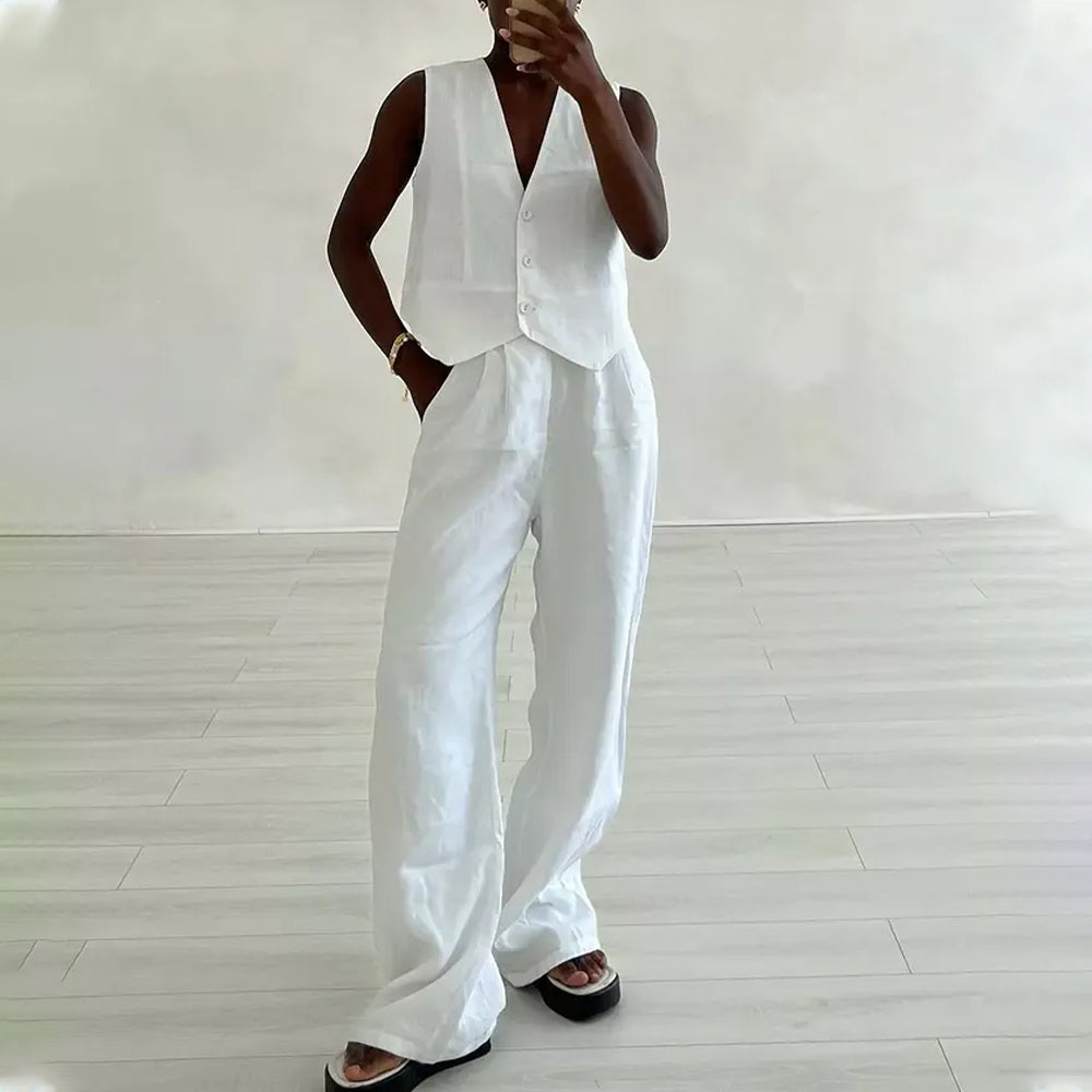 Chic Fancy Waistcoat with Wide Leg Pants Suits - Fashionpara