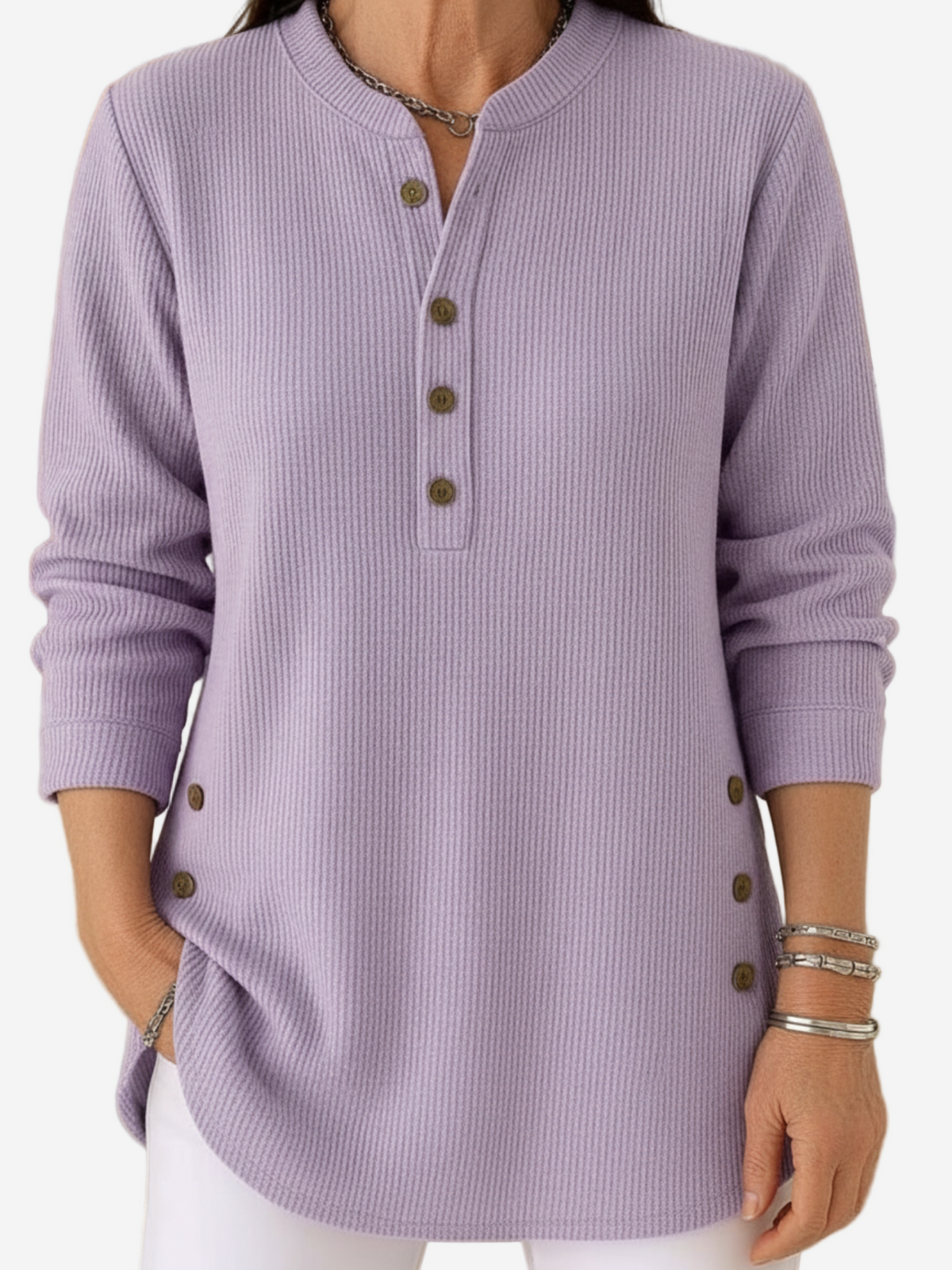 Button Henley Long Sleeve Ribbed Knit Top 5
