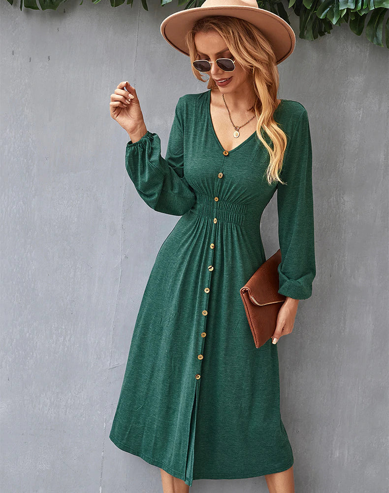 V-Neck Long-Sleeve Button-Front Fit-and-Flare Midi Dress 2