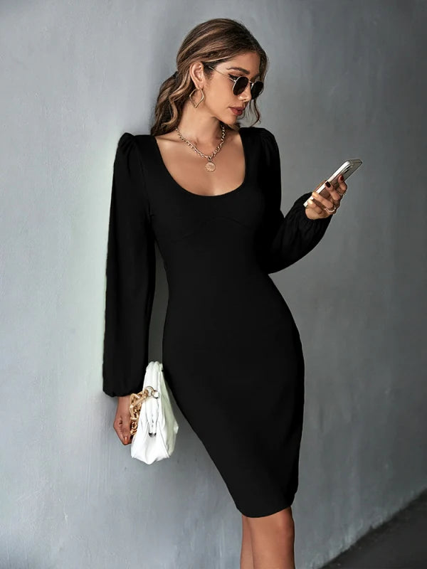 Scoop Neck Balloon Sleeve Bodycon Midi Dress 5