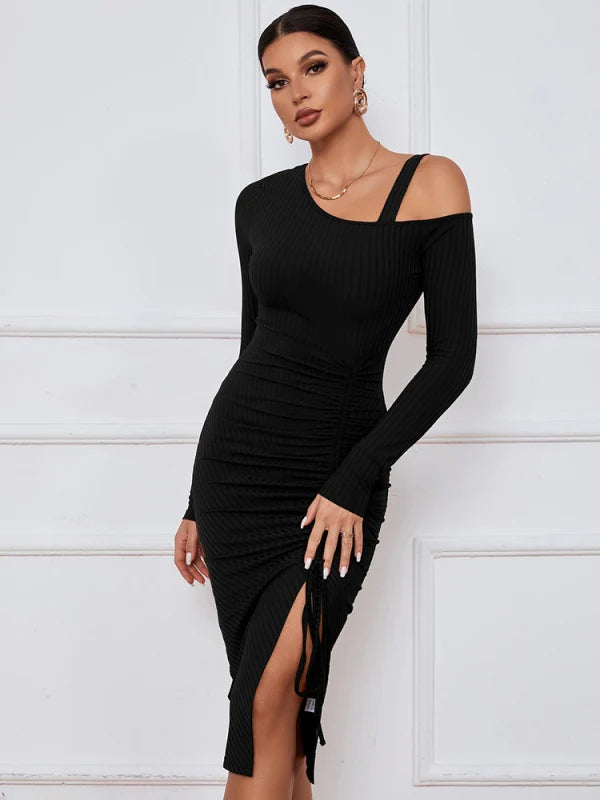 Ribbed Knit Long Sleeve Cold Shoulder Ruched Split Midi Dress 7