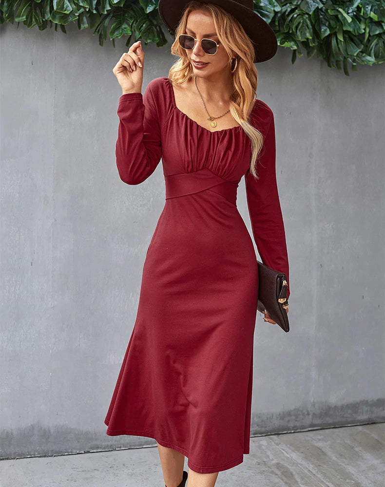 Ruched Sweetheart Long-Sleeve Fit-and-Flare Midi Dress 5