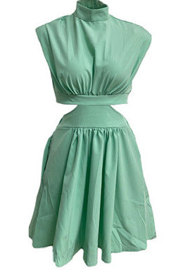 High-Neck Cap-Sleeve Cutout Flared Mini Dress 5