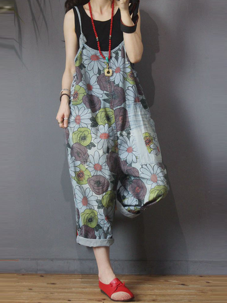 Beautiful in Eyes Floral Print Denim Overall Dungaree - Fashionpara