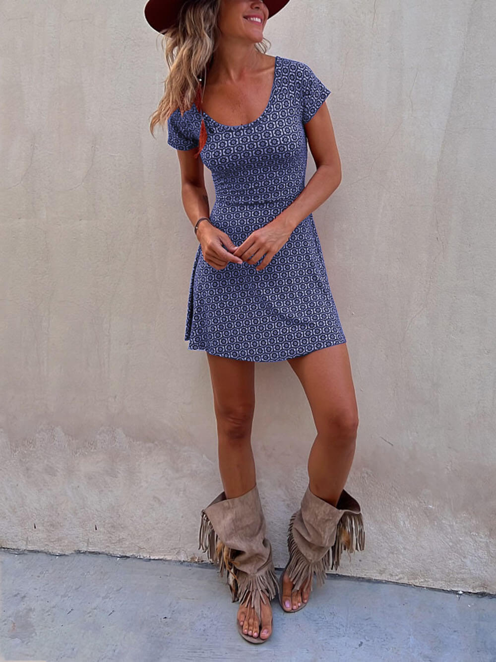 Short-Sleeve Reversible Printed Short Mini Dress - Fashionpara