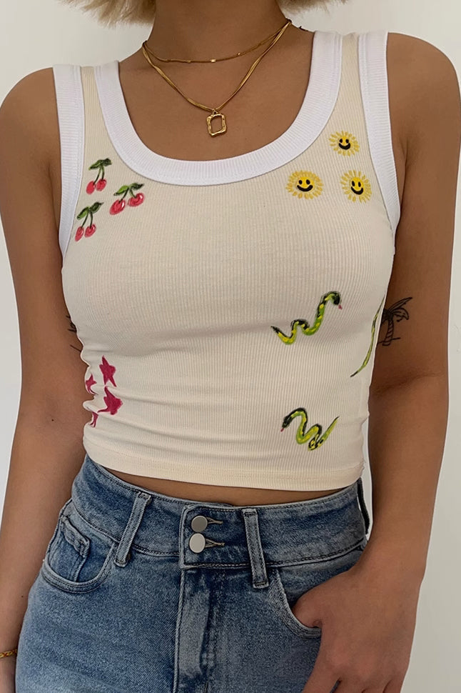 Contrast Trim Allover Print Cami Tops