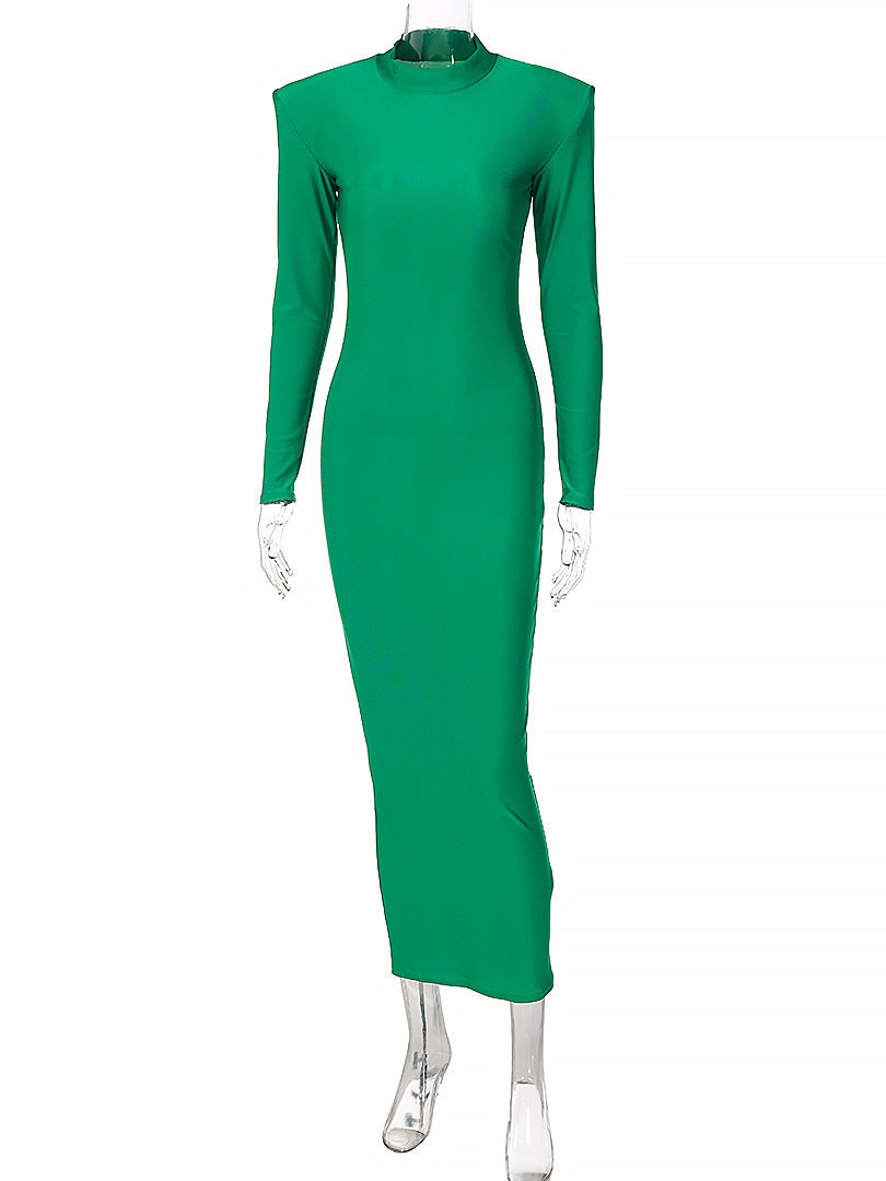 High-Neck Long-Sleeve Padded-Shoulder Bodycon Maxi Dress 4