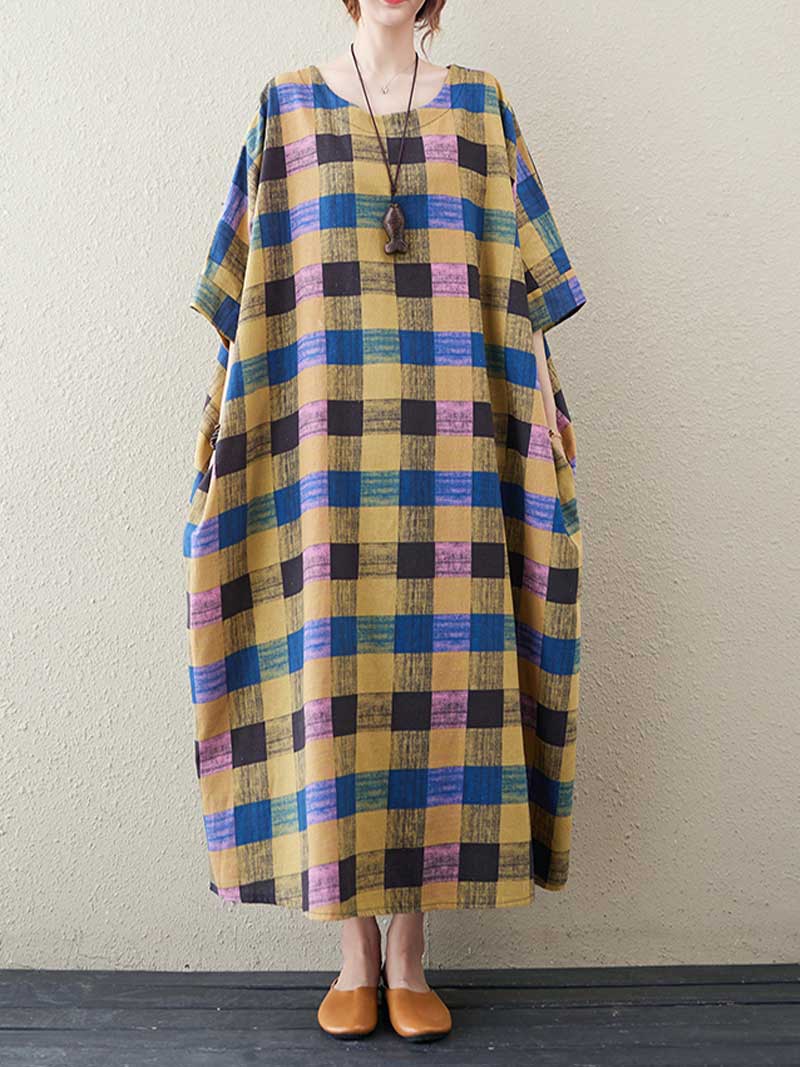 Plaid Check Round Neck Batwing Cocoon Midi Dress