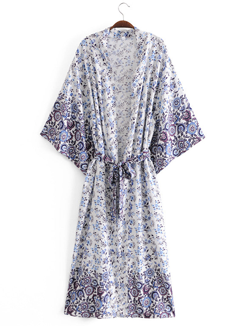 Nightwear Floral Print Green Color Cotton Long Length Gown Kimono Duster - Fashionpara