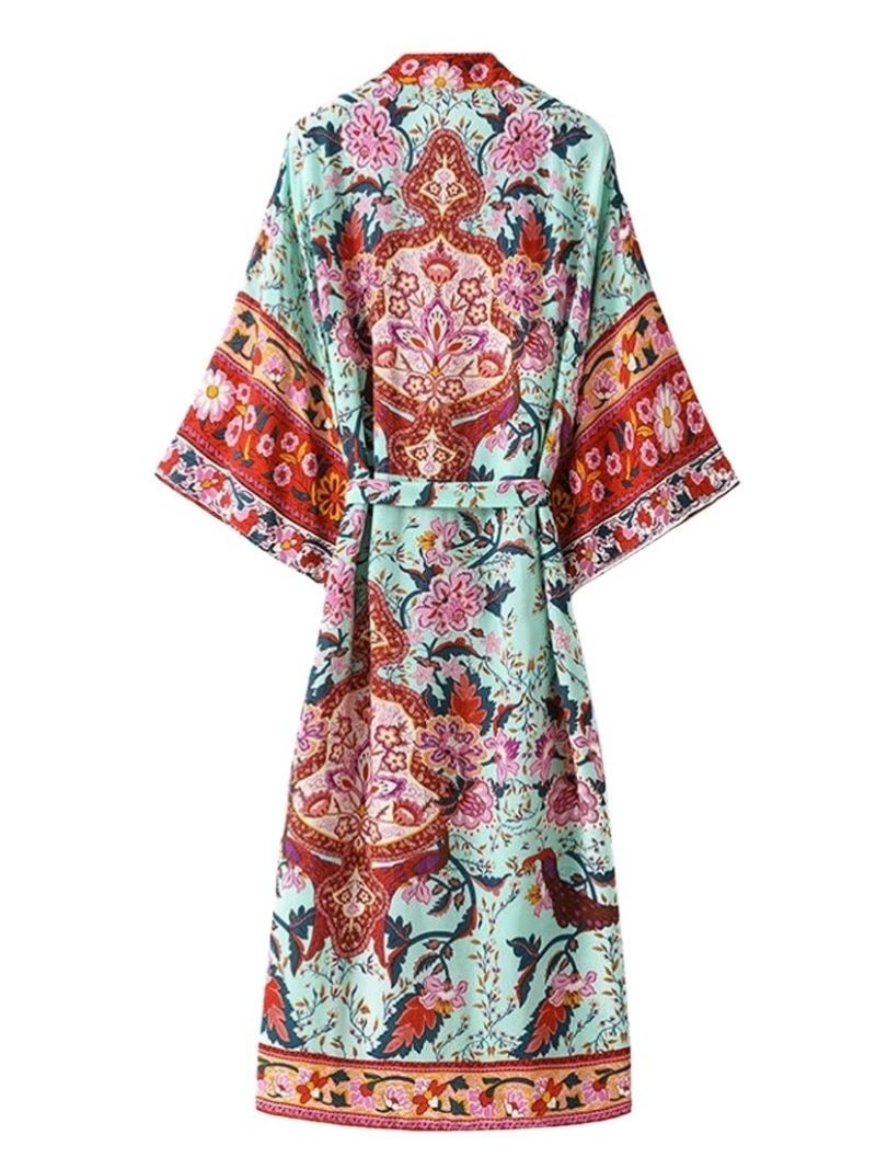 Nightwear Floral Print Green Color Cotton Long Length Gown Kimono Robe - Fashionpara