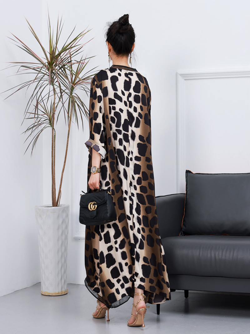 Leopard Print V-Neck Long Sleeve A-Line Maxi Dress 3