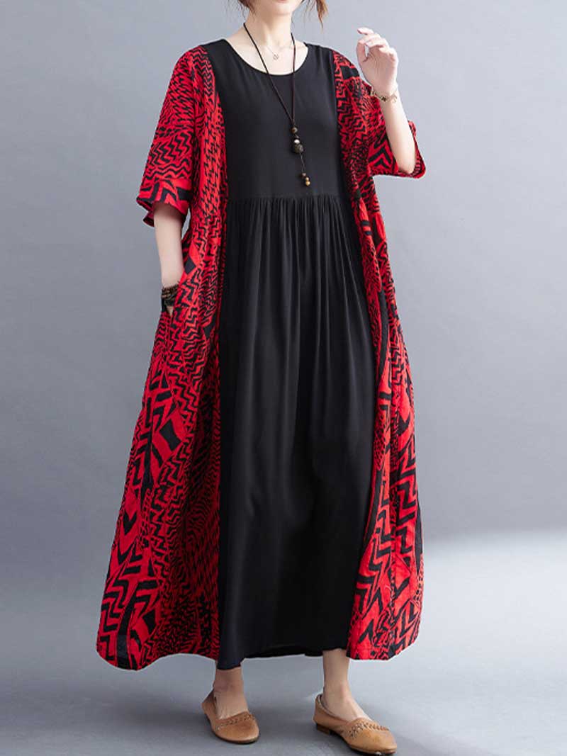Geometric Print Round Neck Short Sleeve Pleated Maxi Dress 8