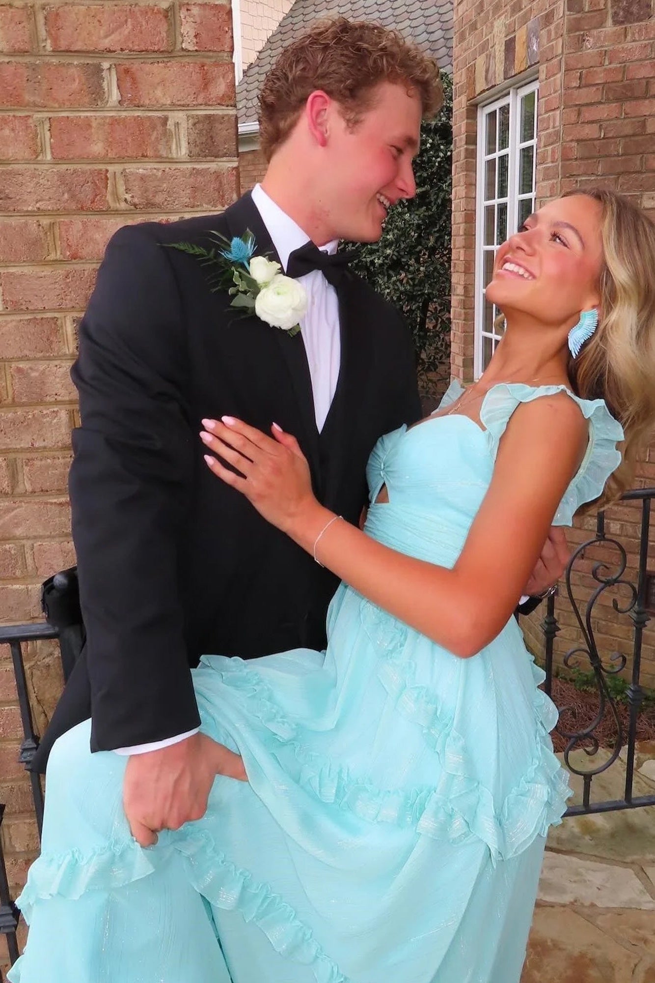 Charming A Line Sweetheart Blue Long Prom Dress with Ruffles