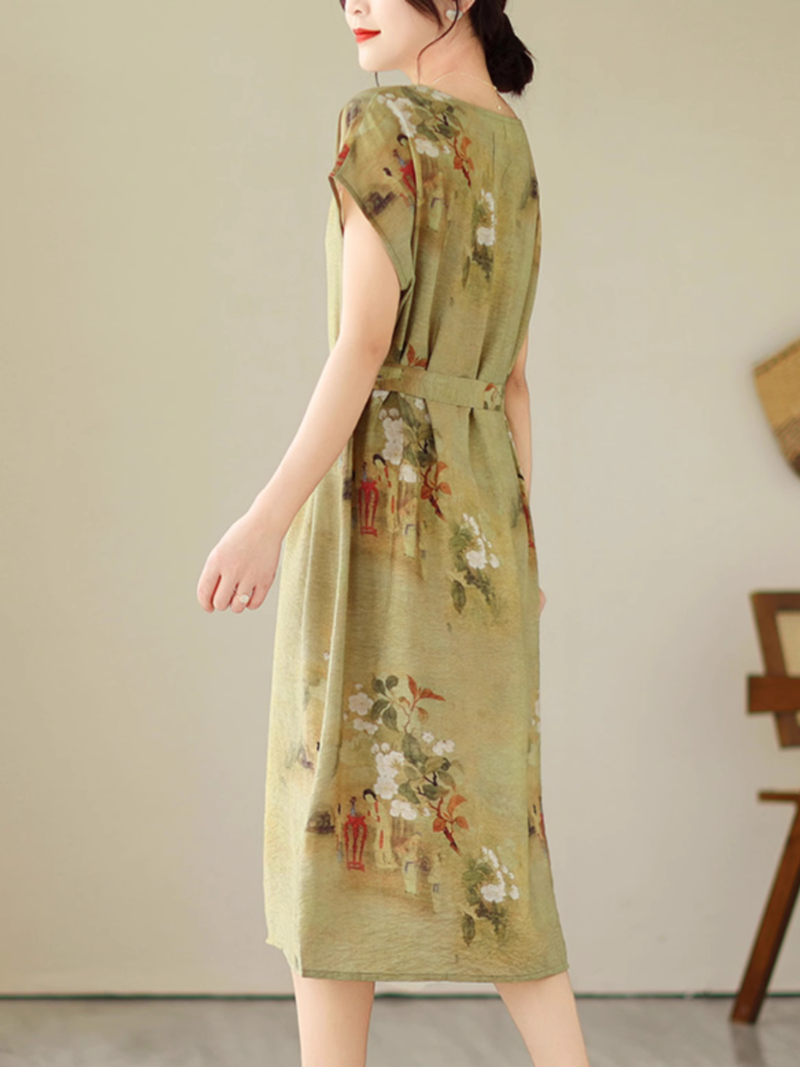 Floral Print Boat Neck Short Sleeve Tie-Waist Midi Dress 4