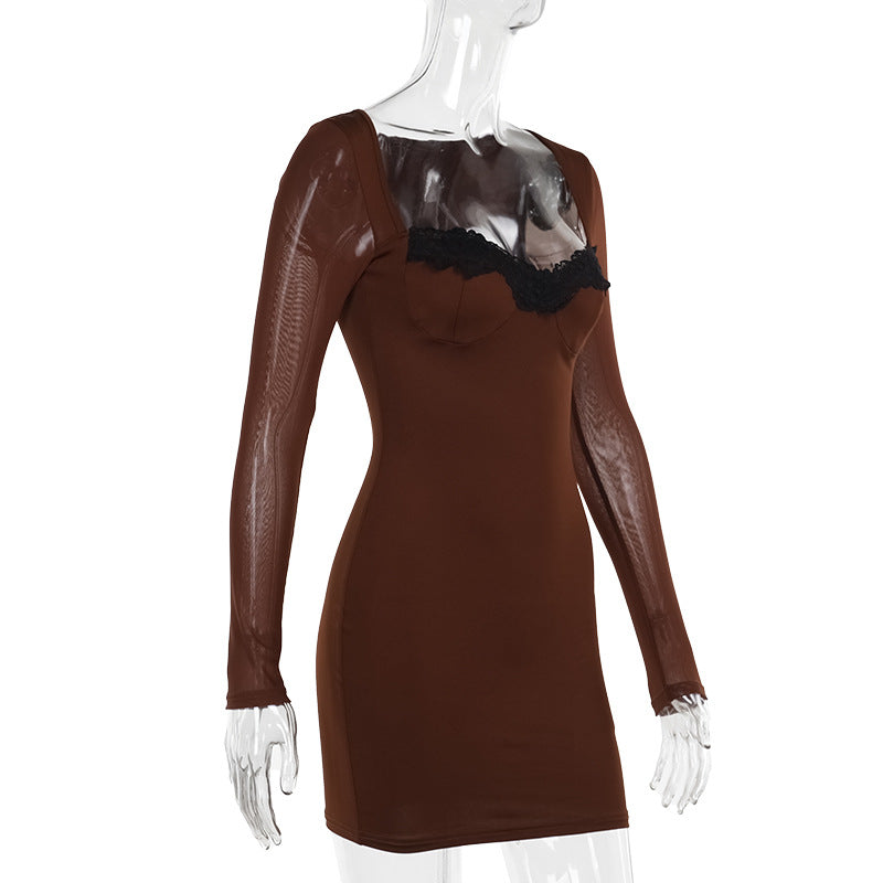 Mesh Long Sleeve Lace Trim Bustier Bodycon Mini Dress 5
