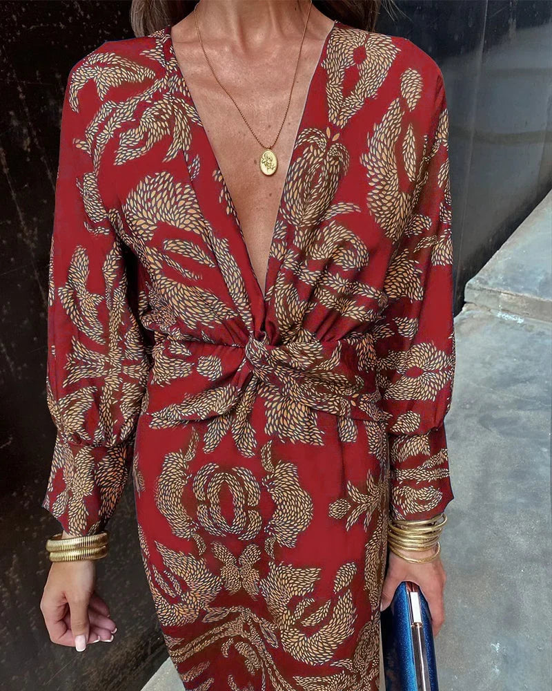 Leaf Print Deep V-Neck Long Sleeve Twist Front Midi Dress 8
