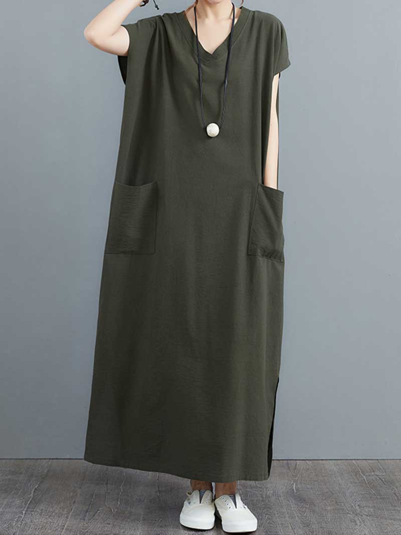 Hemp Material Plain Short Sleeves With Double Side Pocket A-Line Dress - Fashionpara