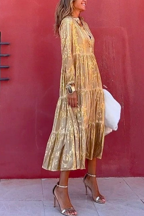 V Neck Unique Printed Ruffle Tiered Midi Dress - Fashionpara