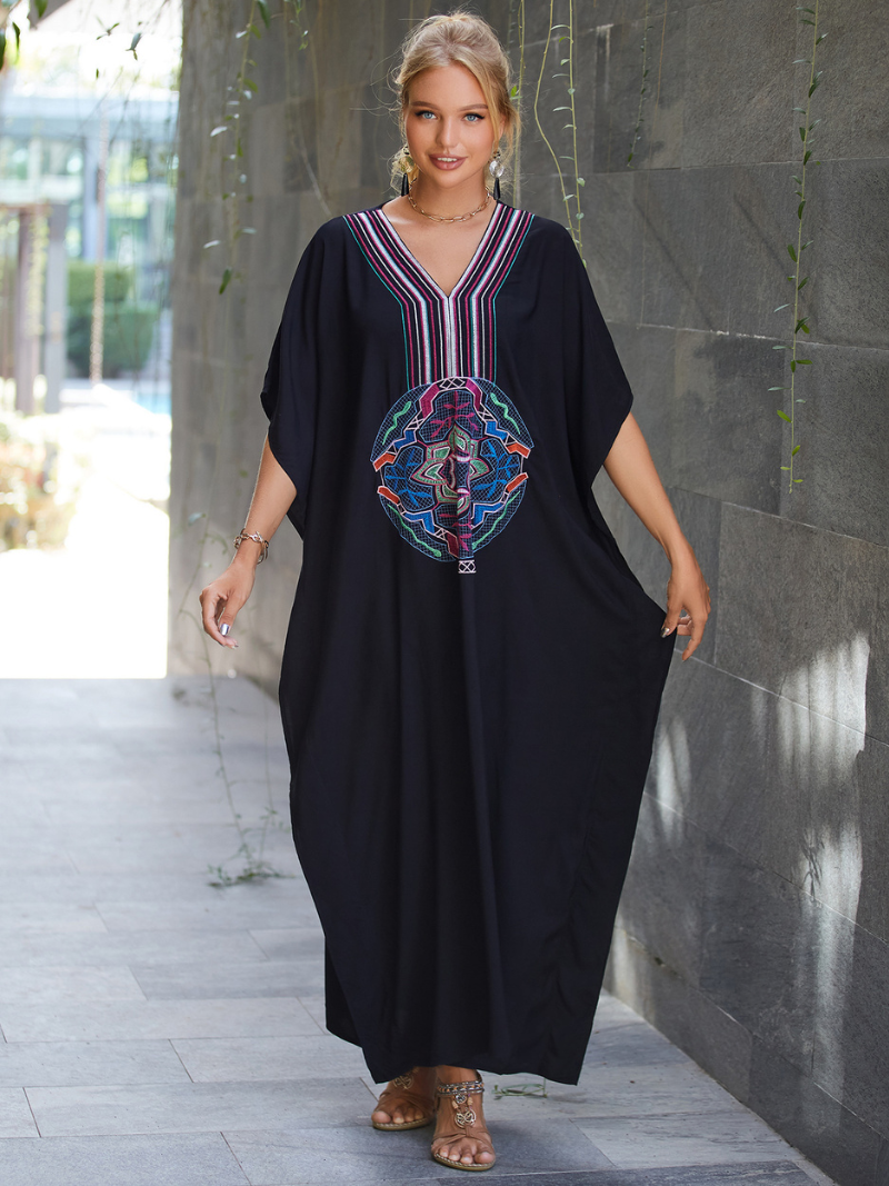 Embroidered V-Neck Batwing Sleeve Loose Kaftan Maxi Dress 4