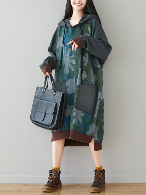 Floral Print Hooded Long Sleeve Pocket Sweatshirt Dress 4