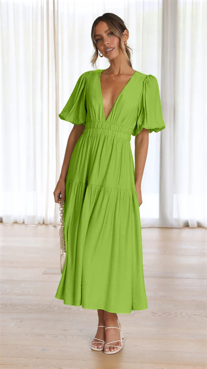 Plunge Neck Puff Sleeve Smocked Waist Tiered Midi Dress 4