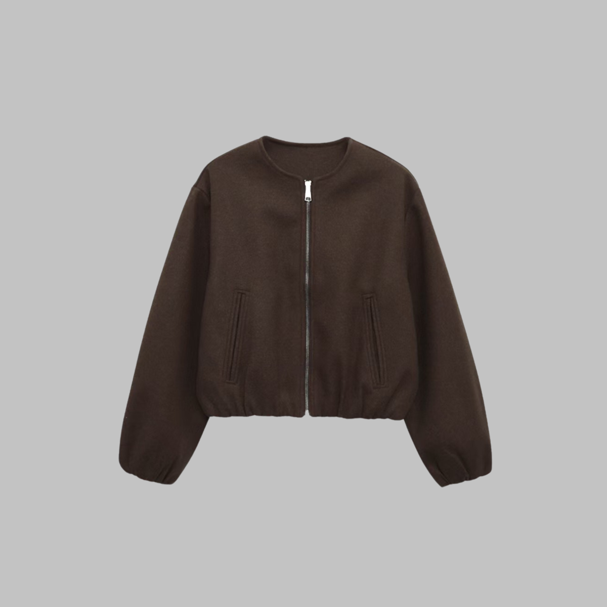 Zip Front Balloon Sleeve Cropped Wool Look Bomber Jacket 5