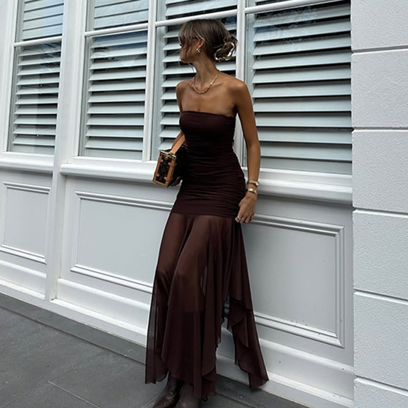 Mesh Strapless Ruched Bodycon Fishtail Maxi Dress 5