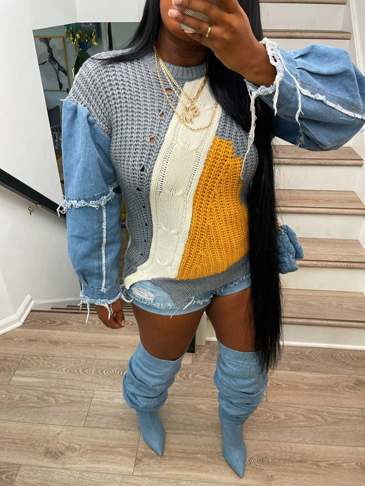 Knitted Color Block Turtleneck Modern Long Sleeve Sweater 2