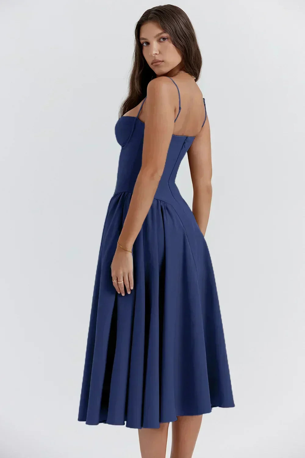 Spaghetti Strap Corset Bodice Pleated Fit and Flare Midi Dress - View 13