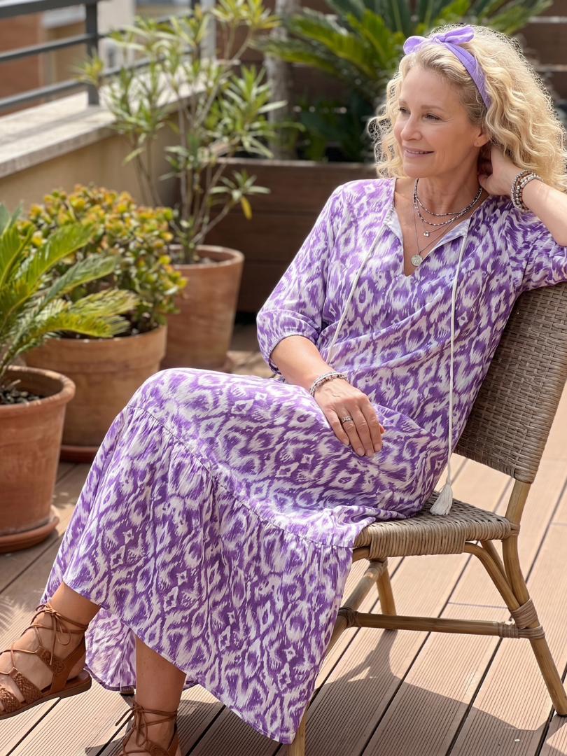 Ikat Print Tassel Tie Neck Puff Sleeve Tiered Midi Dress 5
