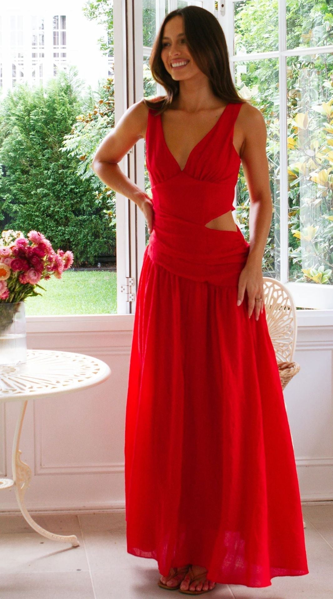V-Neck Side-Cutout Crossover Waist Flowy Maxi Dress 5