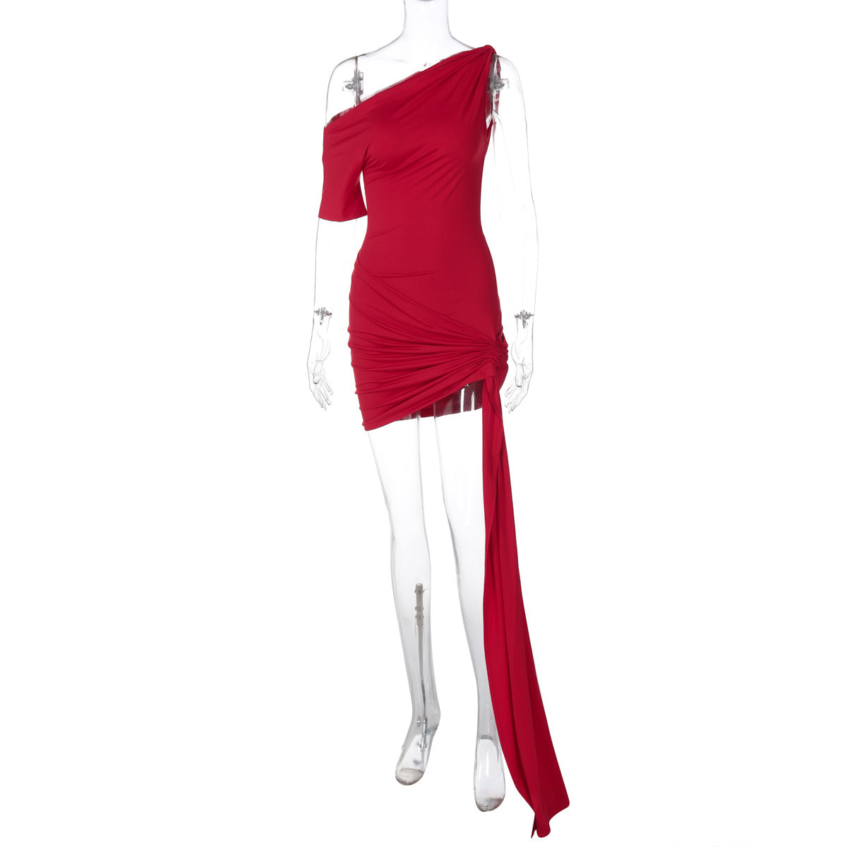 One-Shoulder Draped Asymmetric Ruched Mini Dress 5
