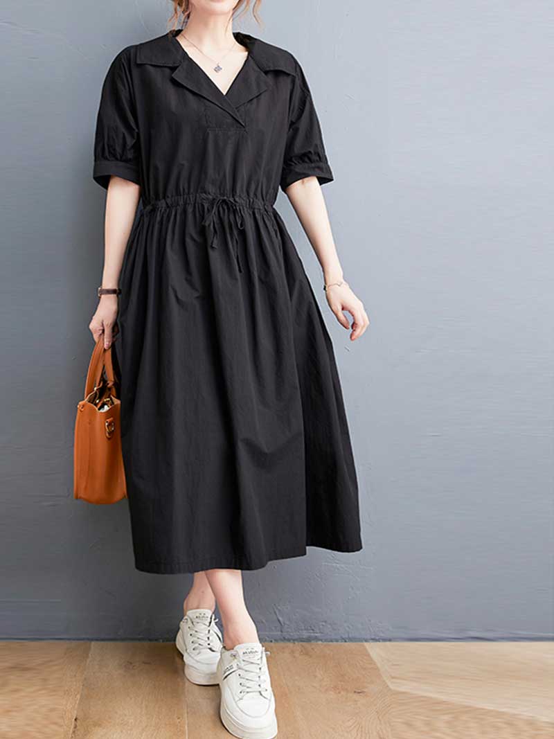Plain Cotton Short Sleeve A-Line Dress 4