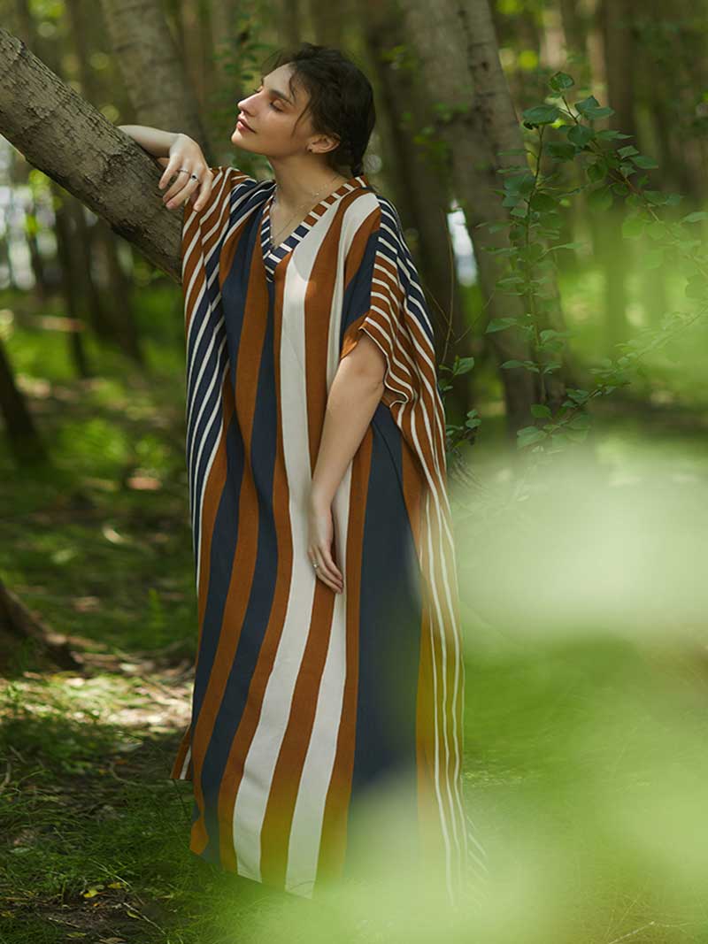 Stripes Print Multicolor Half Sleeves Kaftan Dress - Fashionpara