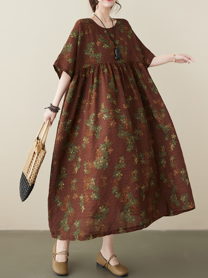 Floral Print Round Neck Short Sleeve Pleated Midi Dress 3