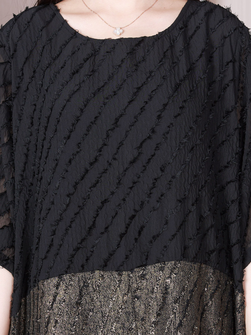 Textured Metallic Panel Round Neck Batwing Oversized Maxi Dress 4