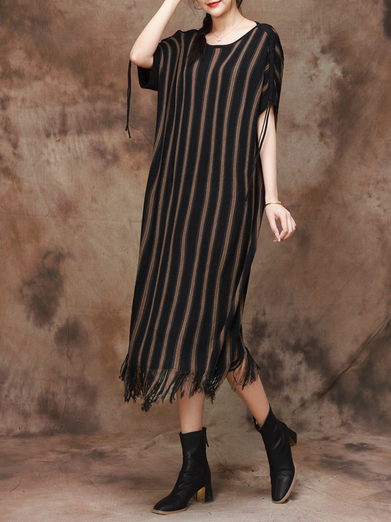 Striped Knit Round-Neck Fringe-Hem Midi Dress 4