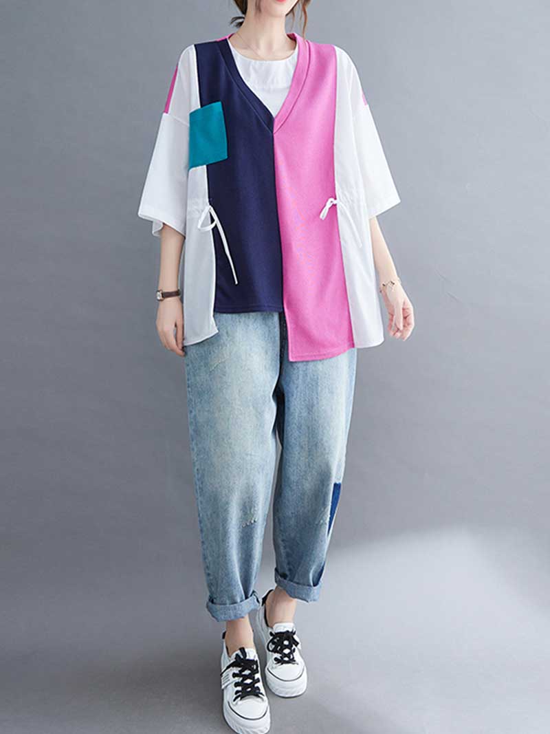 Colorful Print Round-Neck Shirt Top - Fashionpara
