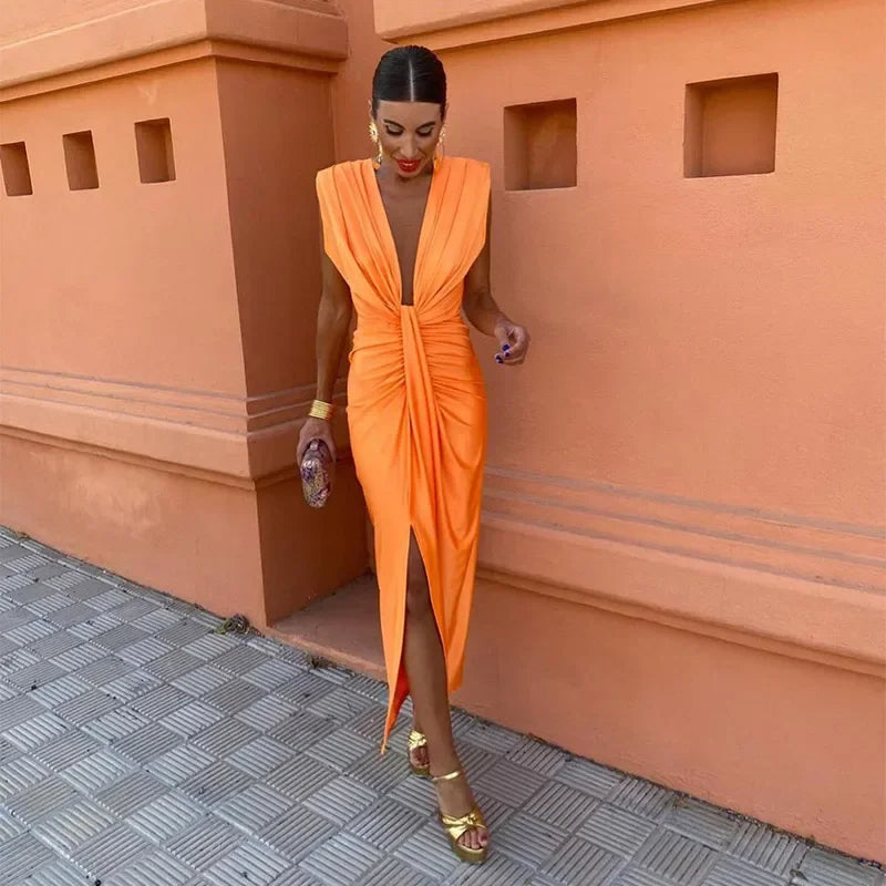 Satin Deep V-Neck Cap Sleeve Knot Front Bodycon Midi Party Dress - View 2