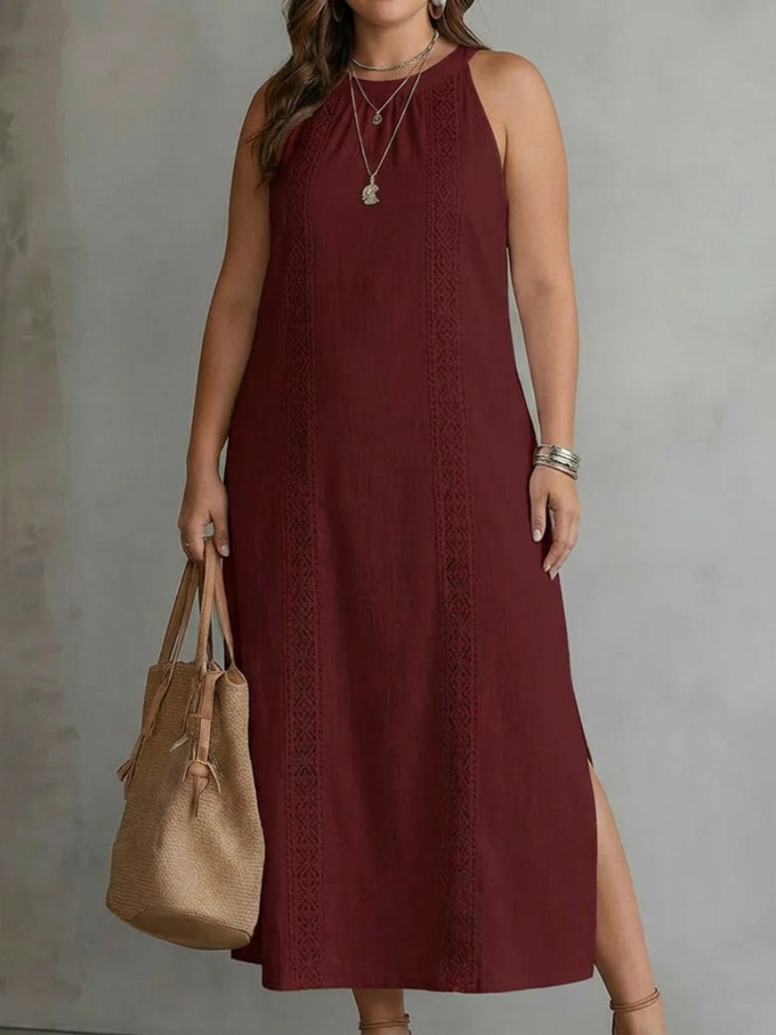 Halter Neck Sleeveless Lace Trim Side Split Midi Dress 8