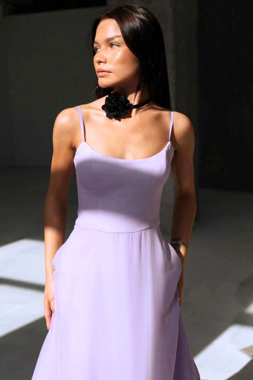 Scoop Neck Spaghetti Strap Ruffle Hem Satin Midi Dress 7
