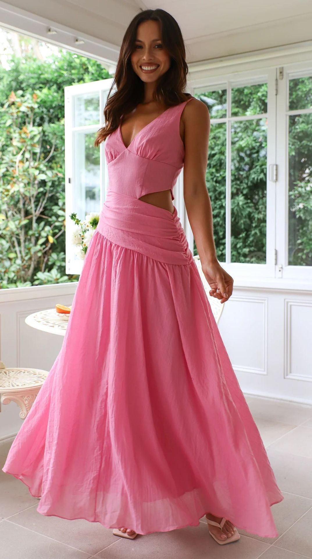 V-Neck Side-Cutout Crossover Waist Flowy Maxi Dress 5