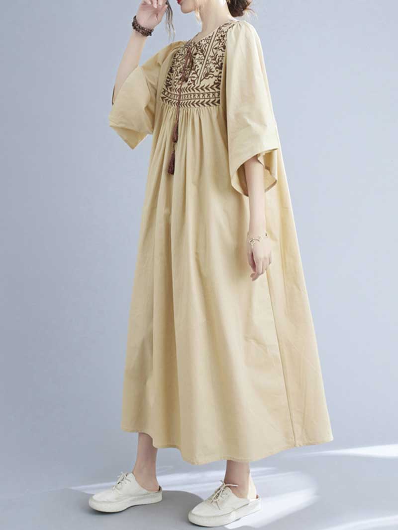 Embroidered Polyester Round-Neck A-Line Dress - Fashionpara