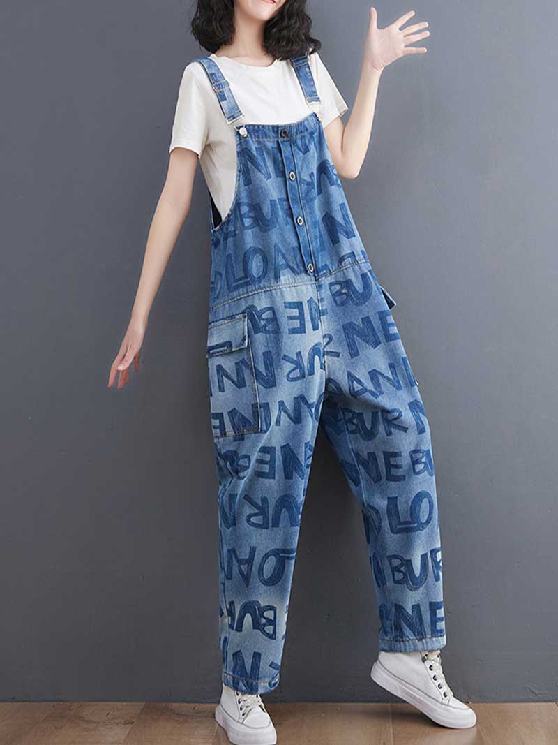 Alphabets Letter Print Denim High Waist Overalls Dungaree - Fashionpara